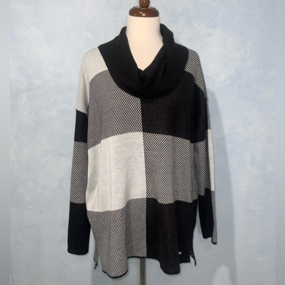 Calvin Klein Black & White Window Pane Cawl Neck Tunic Drop Shoulder Sweater Lg